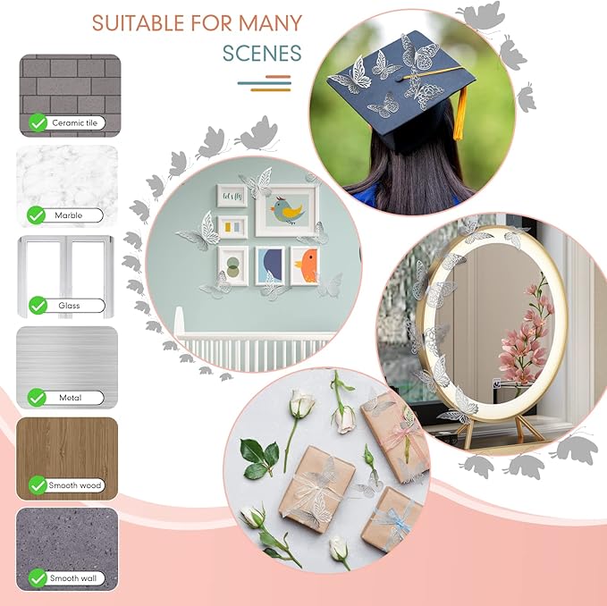 3D Silver Butterfly Wall Decor 3 Sizes 4 Styles Butterfly Party Decorations Cake Decorations Removable Stickers Wall Decor Room Mural Metallic Kids (Silver, 48Pcs)