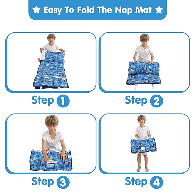 Viviland Toddler Kid Nap Mat for Preschool, Boys Blue Car Slumber Bag, Daycare Sleeping Bag with Pillow and Blanket, Kindergarten Sleep Mat