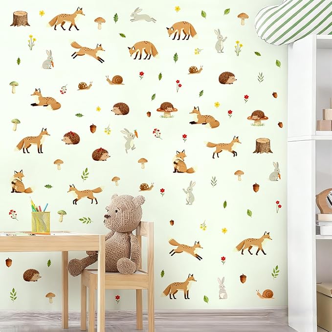 Woodland Animal Wall Stickers Cute Animals Wall Decals Peel and Stick Catroon Animal Decal Funny Fox Hedgehog Rabbit Stickers Forest Woodland Decals for Kids Room Bedroom Nursery Decor