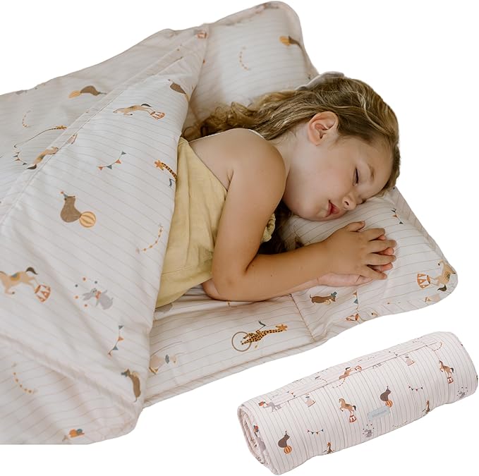 Organic Toddler Nap Mat – 100% Cotton Kids Washable Sleeping Mat & Detachable Pillow – Sleeping Bag with Soft 1.5” Pad – Ideal Nap Mat for Daycare, Preschool, & Sleepovers