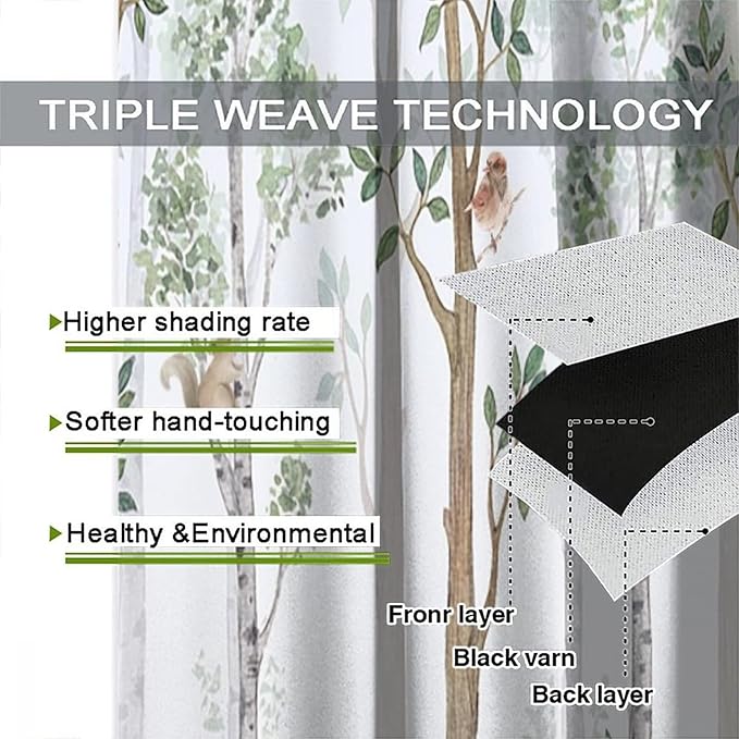 Kids Watercolor Woodland Animal Window Curtains, Bear Deer Squirrel Hedgehog Fox Birds Green Forest Blackout Rod Pocket Treatment for Boys Girls Bedroom 55x63in