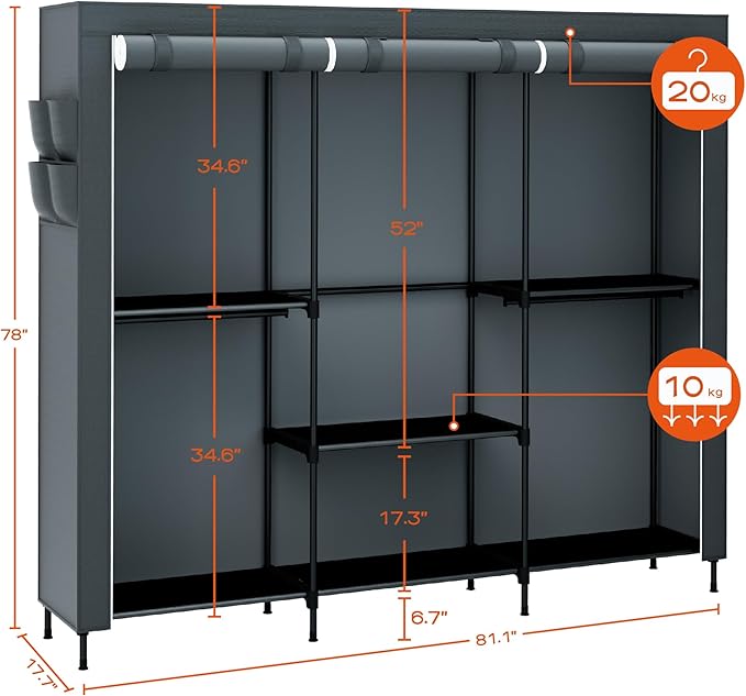 Clothes Rack, Portable Closet, 81.5 Inch Large Capacity Wardrobe Closet, Clothes Storage Organizer with Shelves and 5 Hanging Rods, Easy to Assembly, Grey PCT136G01