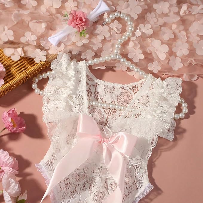 Newborn Girl Photography Outfits, Backless Lace Romper with Flower Headband Photo Props, Baby Girl Photoshoot Outfits