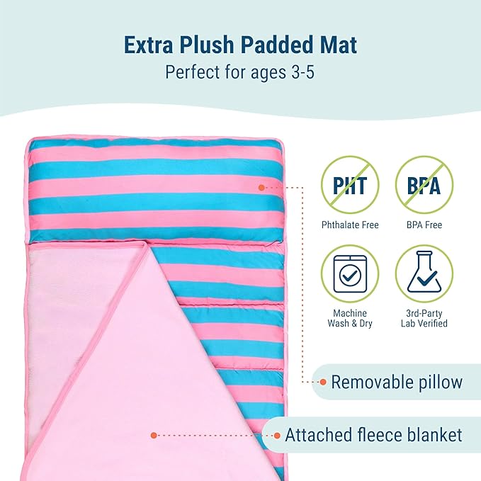 Wildkin 43-inch Kids Nap Mat – Soft Microfiber Toddler Sleeping Mat with Pillow