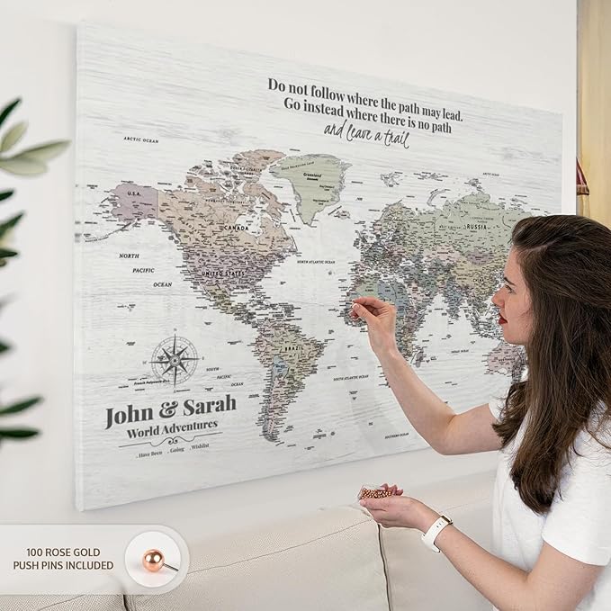 ElephantStock - Personalized Leave A Trail Iii Push Pin World Map Wall Art - Horizontal Canvas Wall Art - Living Room Wall Decor - Digital Art Map Canvas Art - White And Gray Decor - 51" x 34"