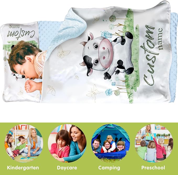 Personalized Toddler Nap Mats for Preschool, Custom Name Kids Sleeping Bag for Daycare, Roll Up Sleeping Mat with Removable Pillow and Soft Dot Minky Blanke for Boys Camping Travel