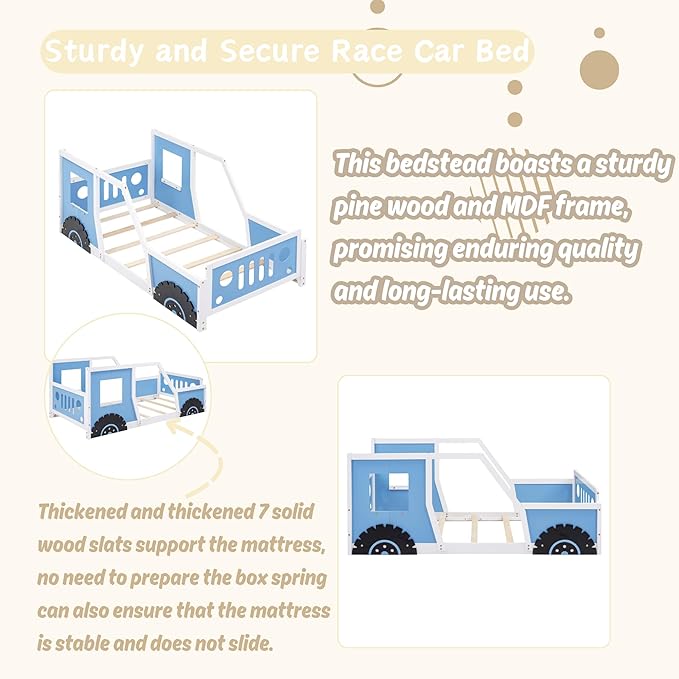 Twin Size Car Bed, Wood Floor Bed Frame with Headboard & Footboard and 4 Side Rails, Kids Racecar Bed for Boys Girls Teens, Blue