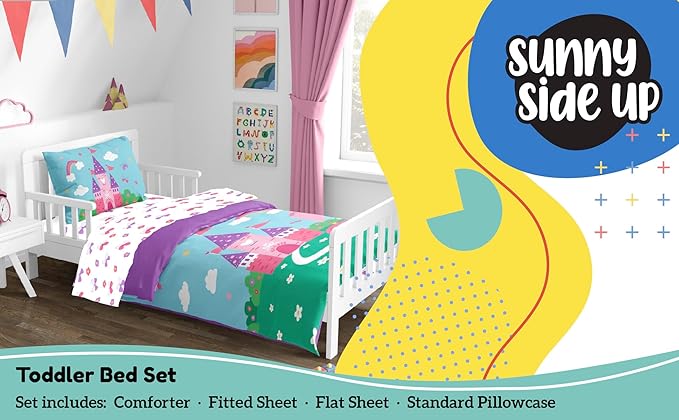 Sunny Side Up Magic Castle Toddler Comforter Set - 4 Piece Preschool Bedding Includes Comforter, Sheets & Pillow Cover - Super Soft Floral Microfiber Bed Set