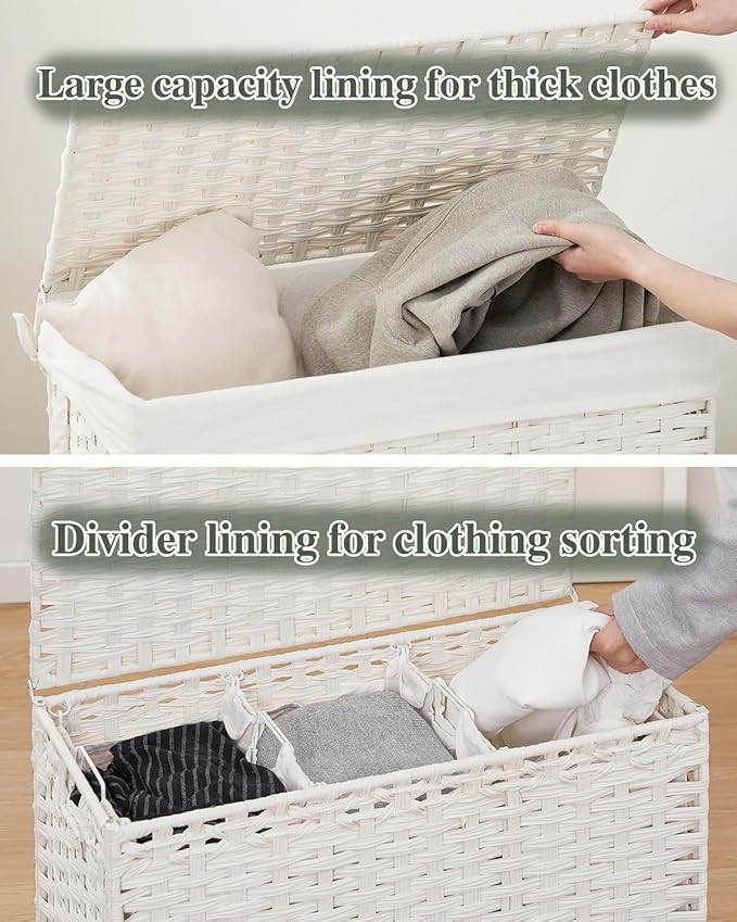 Laundry Hamper with Lid Laundry Basket 132 L (35 Gal) Wicker Clothes Hamper, Handwoven Rattan Hamper with Handles and 4 Removable Liner Bags, 6 Mesh Bags for Laundry Bedroom White