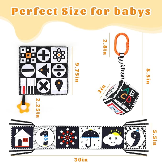 3 Pcs High Contrast Baby Toys for Newborns, 0-3 Months, 0-6 & 6-12 Months Soft Infant Toys - Montessori Learning Activities for Babies, Boys & Girls Gifts