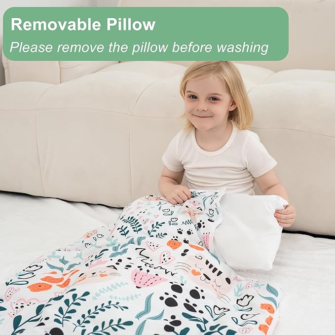 Viviland Toddler Nap Mat with Pillow and Minky Dot Blanket, Rolled Sleeping Mats/Slumber Bag, Large Thick Kids Nap Mat for Preschool, Daycare, Kindergarten, Travel Camping -Cute Cat