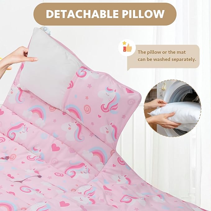 Toddler Nap Mat with Detachable Pillow & Blanket - Soft Plush Minky Fleece Kids Sleeping Bag for Daycare, Preschool & Travel - Portable Roll-Up Design with Carry Handle - Boys Girls Ages 3+