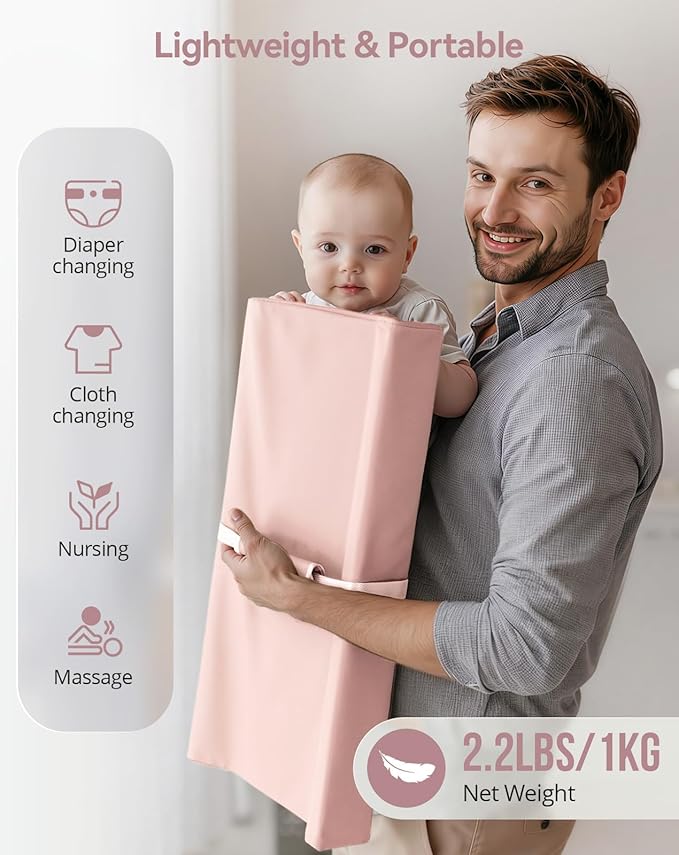 COMOMY Baby Changing Pad with Wipeable & Waterproof PU Cover, Contoured Diaper Changing Pad for Dresser with Non-Slip Safety Belt, Portable and Lightweight, Large Cushioned Foam, Pink