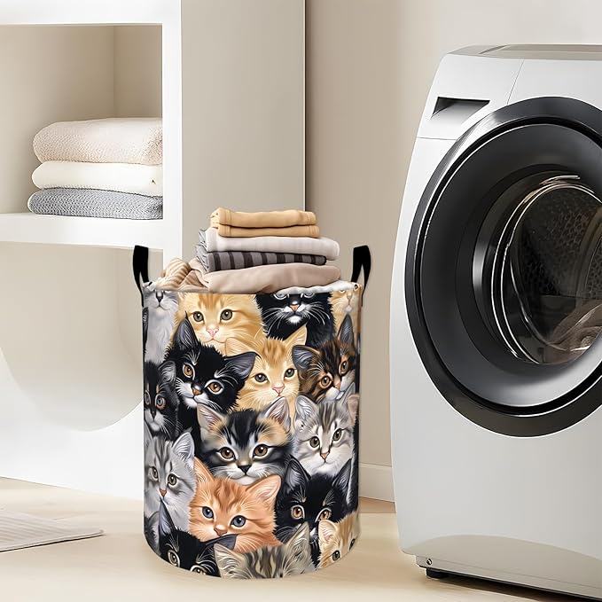 Cute Cat Close-Up Portrait Laundry Basket with Handles, 19.7"x15.7" Clothes Foldable Adorable Kittens Laundry Hamper Organizer for Dorm Nursery Bedroom Bathroom Decor, Toy Storage Bin for Kids