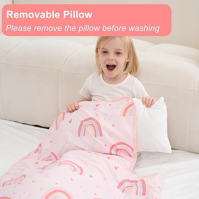 Viviland Toddler Nap Mat with Pillow and Minky Dot Blanket, Large Thick Rolled Sleeping/Slumber Bags, Kids Girls Sleeping Mat for Preschool, Daycare, Kindergarten, Travel Camping- Pink Rainbow