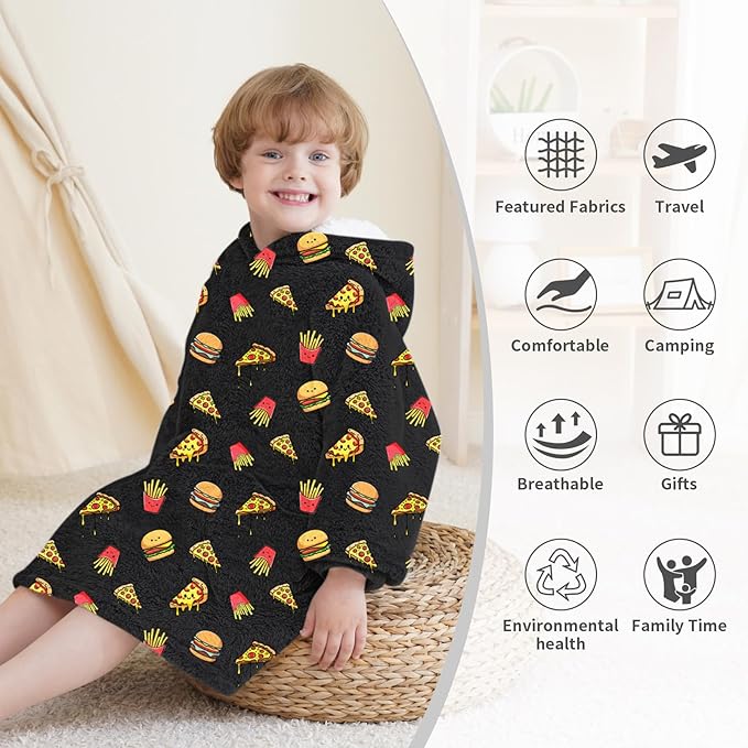 Fiosnow Pizza and Chips Blanket Hoodies for Kids Toddler 2-6YR Oversize Wearable Blanket Hoodies for Boys Girls Teens