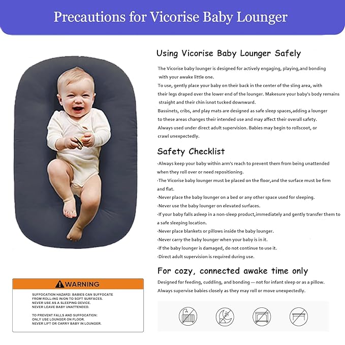 Baby Lounger 0-24 Months 100% Cotton,Soft & Breathable Tummy Time Mat for Newborn Infant Play Mat,Babies Essentials Gifts,Gray(Lounger Cover Included)