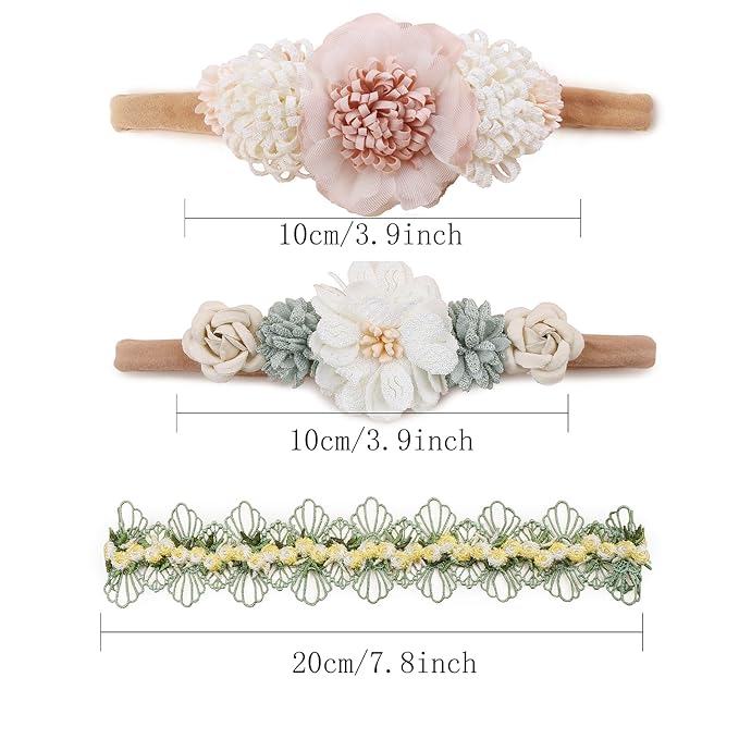 cherrboll 3pcs Baby Girl Headbands Flowers, Super Soft & Stretchy Nylon Floral Hairbands for Newborn Toddler