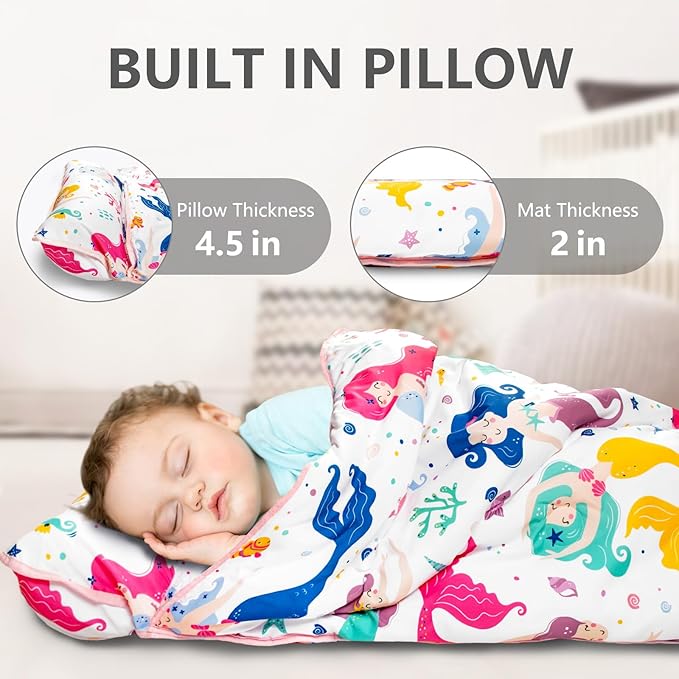 Primlect Thickened Toddler Nap Mat with Removable Pillow and Minky Blanket, Extra Large 55''x35'' Sleeping Bag, Washable, Roll up, Perfect for Daycare, Preschool, Kindergarten, Boys and Girls Mermaid