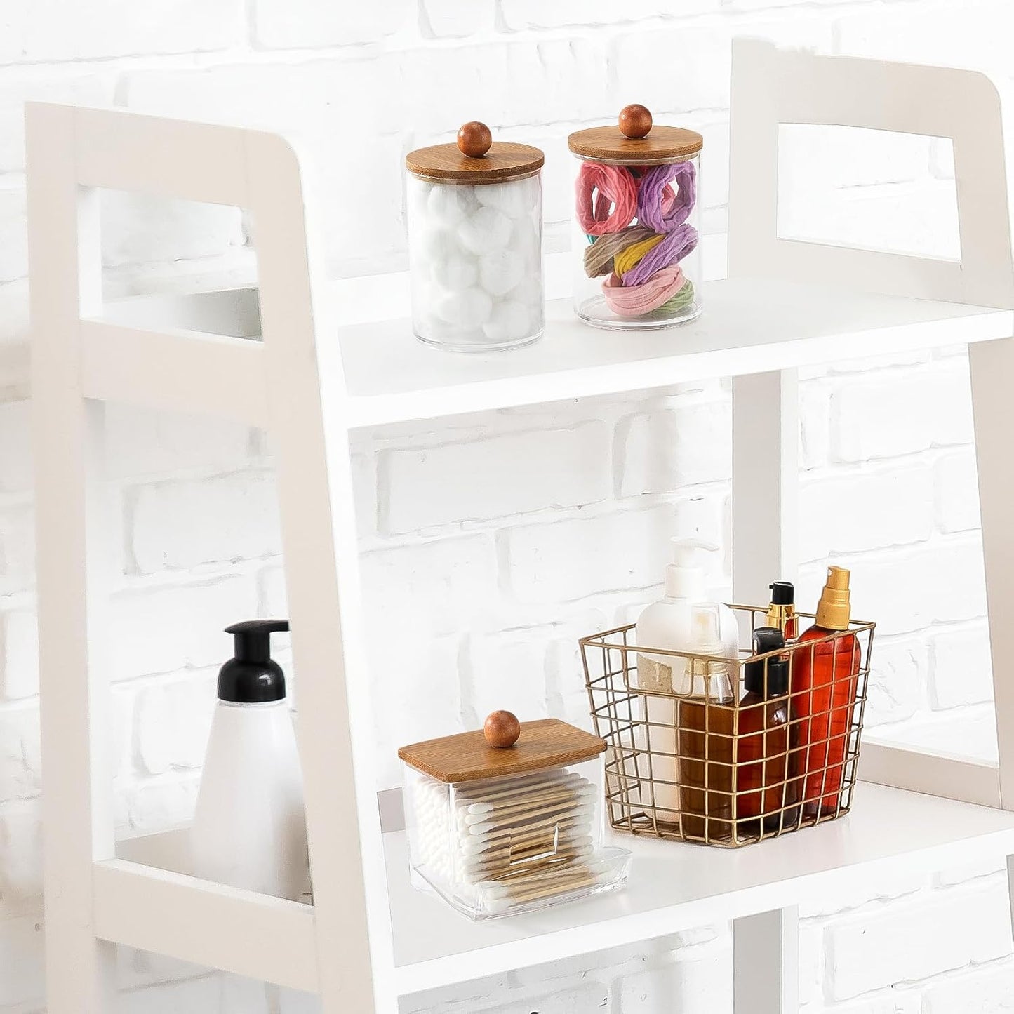 Tbestmax Qtips Holder Dispenser, 10/7 oz Cotton Ball/Swabs Storage Containers, Apothecary Jars for Bathroom Organizer Bambooo Lids