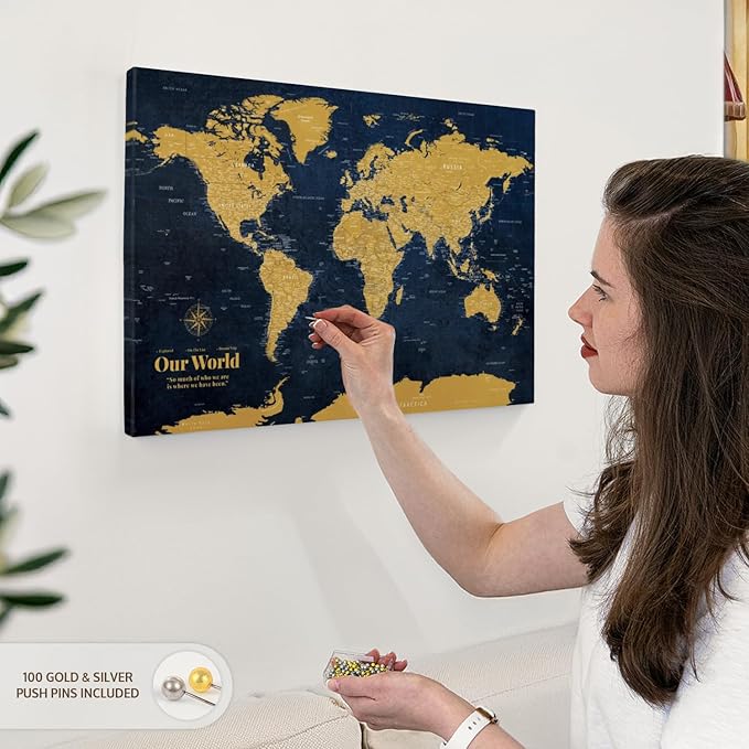 ElephantStock - Personalized Push Pin World Map - Gold Wall Art - Horizontal Canvas Wall Art - Living Room Wall Decor - Digital Art Map Canvas Art - Orange And Blue Decor - 24" x 16"