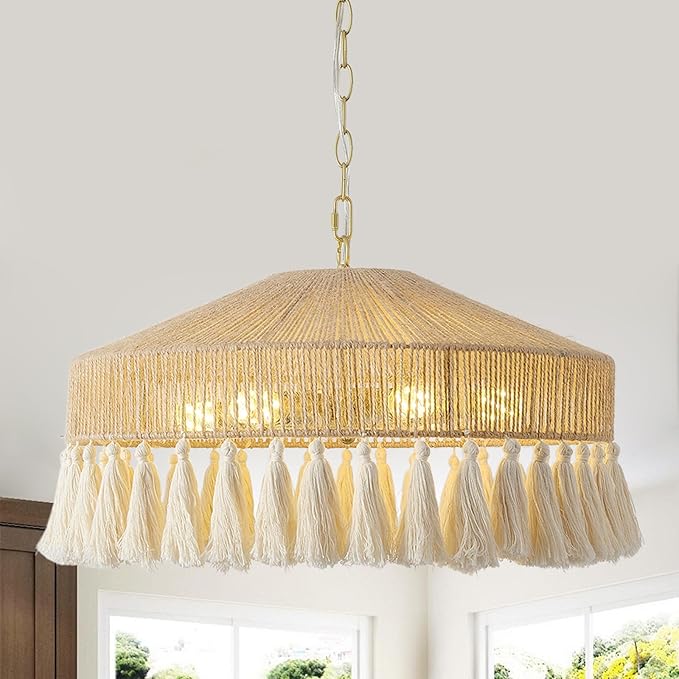 Rattan Pendant Light 19.5in 6 Lights Boho Large Chandelier Wabi-Sabi Pendant Light with Fringe Tassle Chandelier Lighting Fixtures for Living Dining Room Kitchen Bedroom Nursery Girls Room