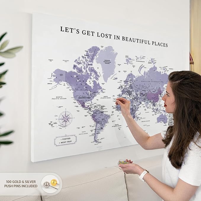 ElephantStock - Beautiful Places II Push Pin World Map Wall Art - Horizontal Canvas Wall Art - Living Room Wall Decor - Digital Art Map Canvas Art - White And Black Decor - 48" x 32"