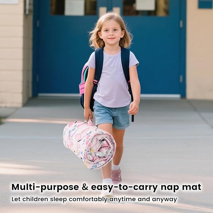 PHF Butterfly Toddler Nap Mat Set, with Removable Pillow for Toddler Girls, Soft and Lightweight for Daycare, Preschool, Travel, Kindergarten Sleeping Bag, Fits Ages 3-6 Years, Butterfly