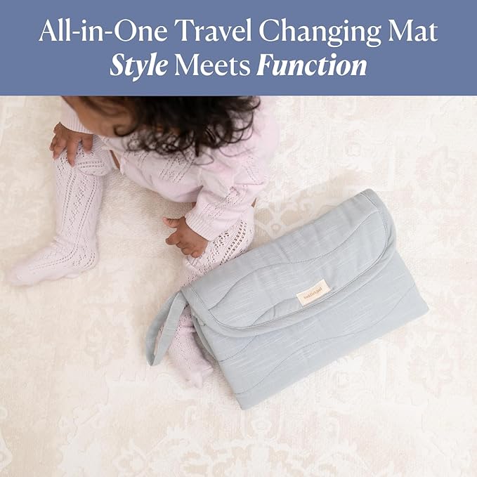 Toddlekind Mini Maven Portable Changing Pad – Travel Diaper Clutch for Babies, Organic Cotton & Water-Resistant, Compact Foldable Diaper Changing Mat with Pocket (Blue)