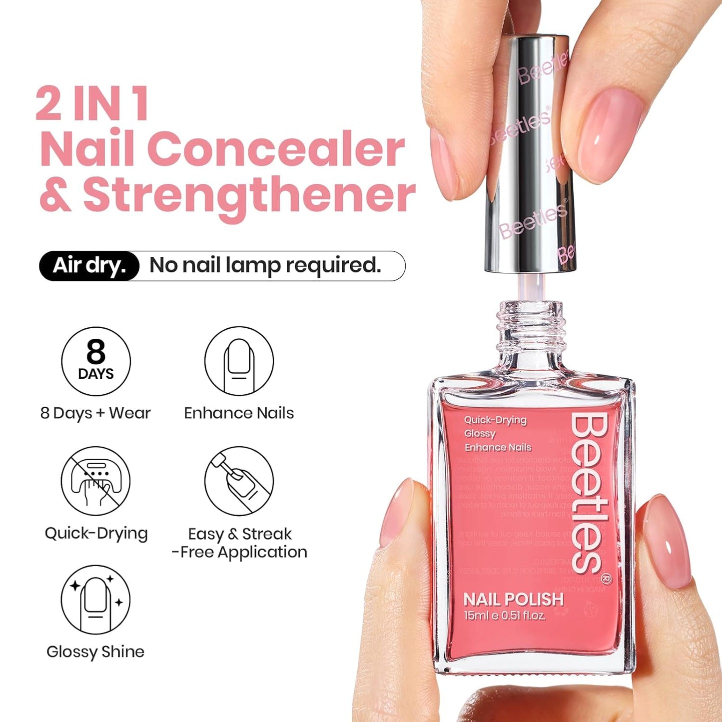 Beetles Nail Strengthener, Jelly Pink Nail Natural Concealer Foundation Polish Sheer Pink Air Dry Nail Growth Polish for Damaged Nails Imperfection Masking Gifts for Women 15ml
