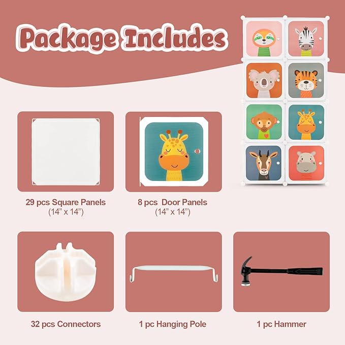 Costzon Kids Closet, Cartoon DIY Modular Dresser Storage Organizer with 8 Cubes & Clothes Hanging Rack, Portable Armoire for Baby Toddlers, Kids Wardrobe for Bedroom Nursery, White