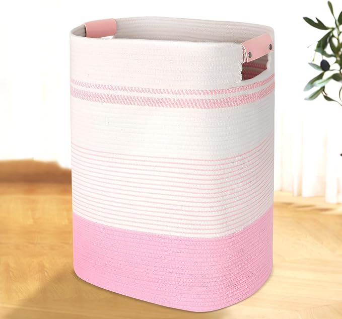 Laundry Basket with Handles - Blanket Basket & Hampers for Bedroom Aesthetic, Laundry Hamper & Blanket Storage for Living Room, Clothes Hamper, Tall, Large 17" x 14" x 22”, Pink & White