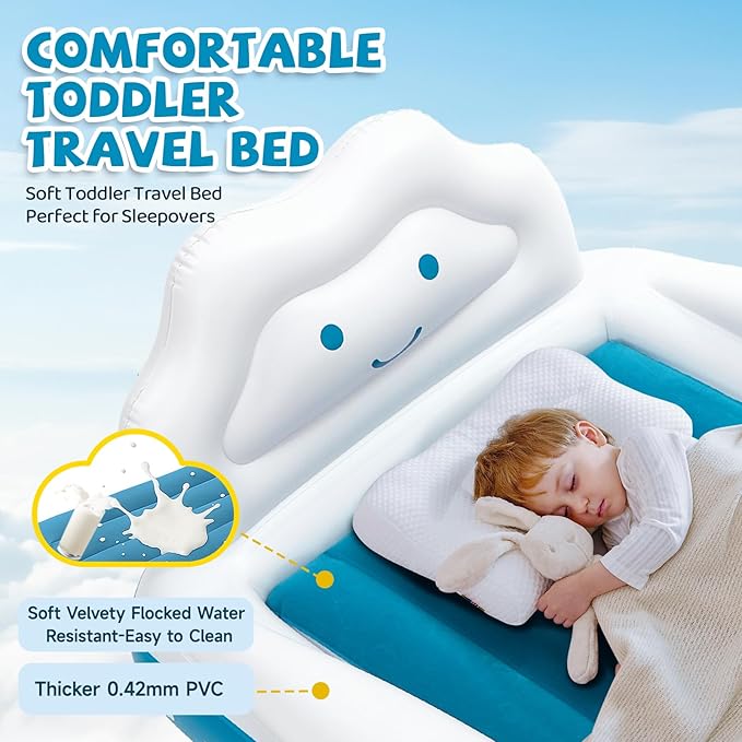 Inflatable Toddler Travel Bed, Portable Kids Air Mattress with 4-Sides Safety Bumpers & Electric Pump, Toddler Blow Up Mattress Bed for Travel Camping Grandma's Sleepovers, Gift for Kids