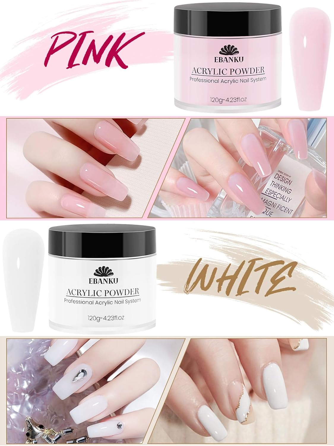EBANKU Acrylic Powder Set 4 Colors Acrylic Nail Powder Nude Pink White Clear Acrylic Powder for Acrylic Nail Extension Nail Carving, Long-Lasting, No Nail Lamp Needed, Large Capacity 4.23oz*4