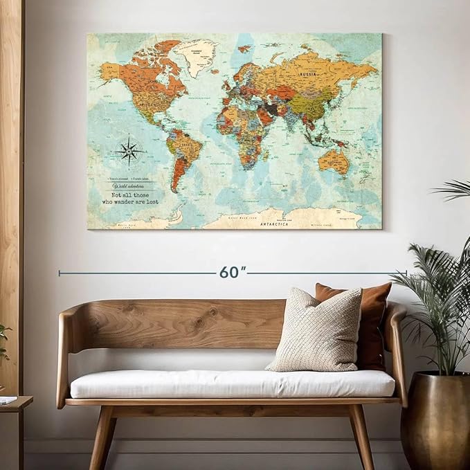 ElephantStock - Personalized Wanderer Push Pin World Map Wall Art - Horizontal Canvas Wall Art - Living Room Wall Decor - Digital Art Map Canvas Art - Orange And Blue Decor - 51" x 34"