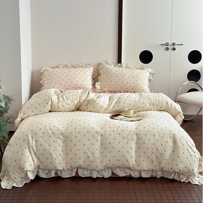 BuLuTu Muslin Cotton Duvet Cover Full Elegant Ruffles Duvet Covers Soft Breathable Comforter Cover Kids Adults Bedding Floral Quilted Cover, 79"x90", No Pillow/Pillow Cases