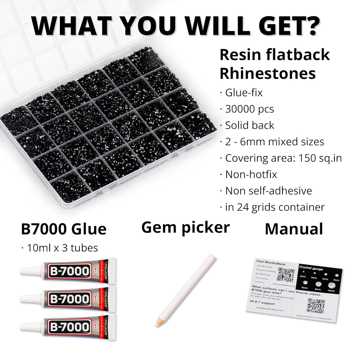 30000Pcs Resin Rhinestones for Crafting Bedazzling, Bulk Black Flatback Gems for Crafts Clothing Clothes Fabric Tumbler Sneakers, Bedazzle Flat Back Jewel Assorted Size SS6/10/16/20/30 with b7000 Glue