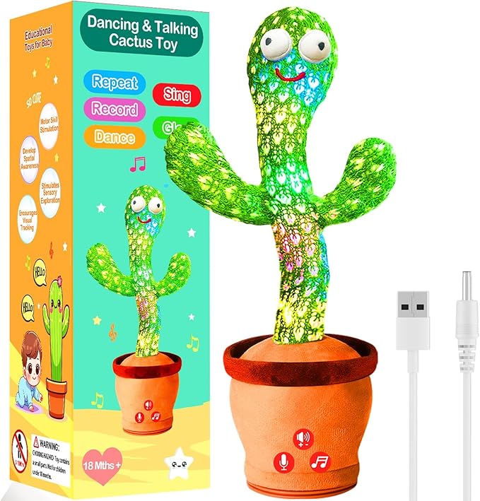 River Mill Rechargeable Dancing Talking Cactus Toy, Interactive Singing Mimicking Cactus Baby Toy, Baby Toys Gifts w/Exclusive English Songs for Babies, Stocking Stuffers for Kids, for Grandkids