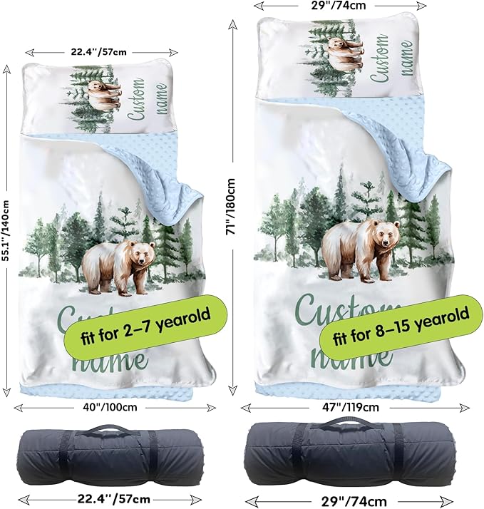 Personalized Toddler Nap Mats for Preschool, Custom Name Kids Sleeping Bag for Daycare, Roll Up Sleeping Mat with Removable Pillow and Soft Dot Minky Blanke for Boys Camping Travel