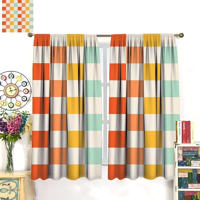 70s Retro Curtains,Cute Green Pink Yellow Checkered Hippie Window Treatments for Kids Girl Bedroom Window 63"" W X 63"" L, Style-7