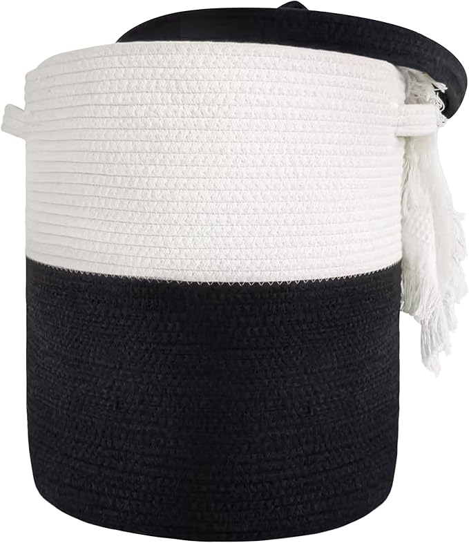 Large Storage Basket with Lid 60L, 16"Wx18"H Woven Laundry Hamper Basket with Handle, Room Decor Cotton Rope Wicker Basket Toy Organizer Bins for Clothes Blankets Pillows, Black/White Mix includes Lid