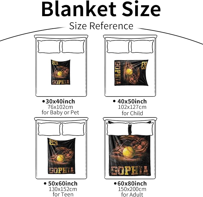 Custom Baseball Blanket for Baby Kids - Personalized Name and Number - Soft Warm and Fluffy Flannel Fabric Gift for Sports Lovers 30x40inch