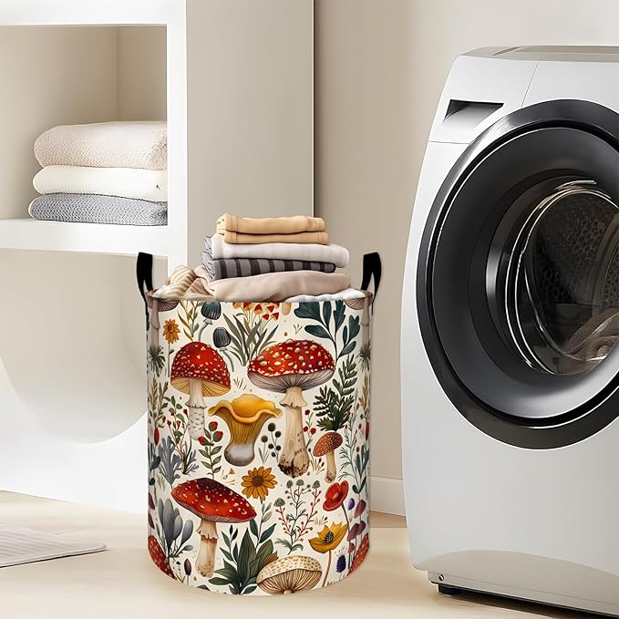 Whimsical Mushroom with Forest Plants Laundry Basket with Handles, 19.7"x15.7" Clothes Foldable Laundry Hamper Organizer for Dorm Nursery Bedroom Bathroom Decor, Toy Storage Bin for Kids