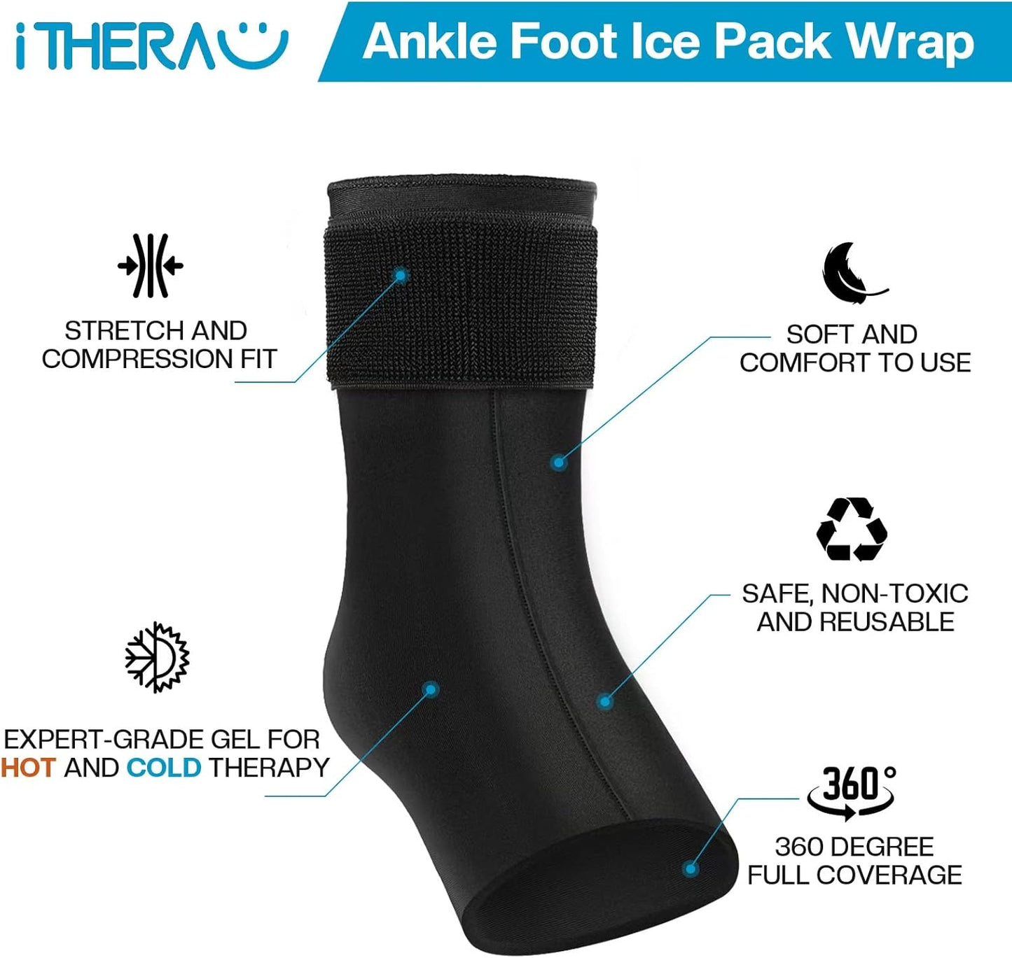 iTHERAU Ankle Ice Pack Wrap, Reusable Gel Hot & Cold Therapy for Foot & Heel Injuries | Achilles Tendonitis, Plantar Fasciitis, Swelling, Sprained, Pain Relief, 2 Pack