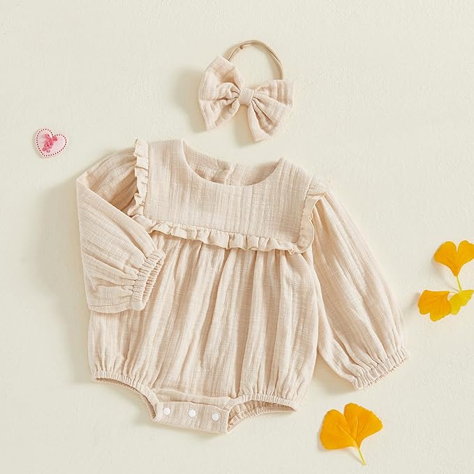 2pcs Infant Baby Girls Romper Dress Headband Long Sleeve Clothing Flowers Newborn Boho Girl Outfit Jumpsuit Clothes