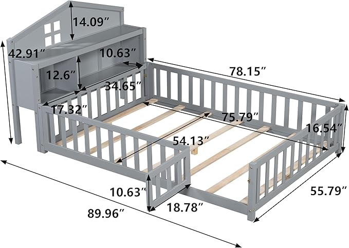 Headboard Storage Cabinet for Full-Size Montessori Floor Bed, Grey,Freely Collocation