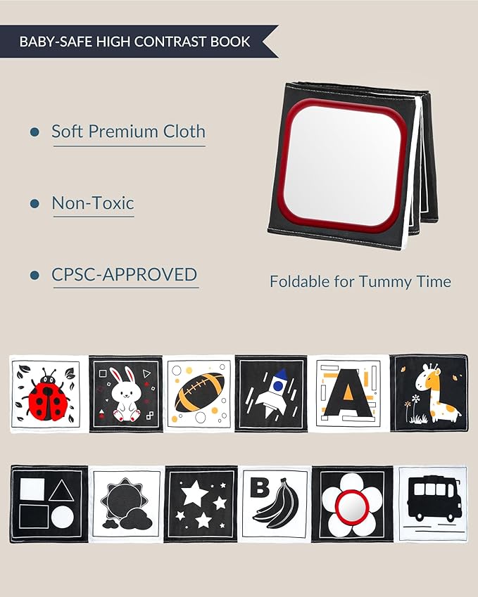 High Contrast Black and White Baby Toys for Newborn 0-6 Months – Contrast Cards & Sensory Baby Book with Mirror – Tummy Time Infant Toys for Visual Stimulation, Early Learning & Brain Development