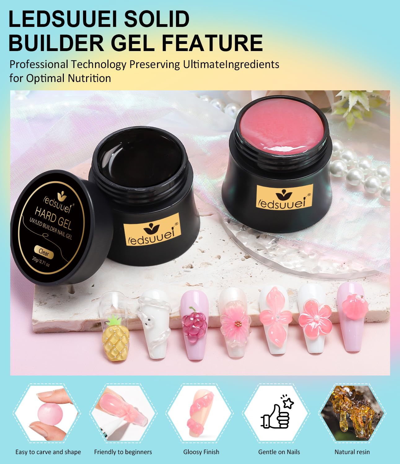 Solid Builder Gel for Nails LEDSUUEI - 2 Color Clear Pink 3D Nail Gel Sculpting Non-Sticky Hand Carving Glue Extension for Manicure Salon Home Decoration DIY 20g
