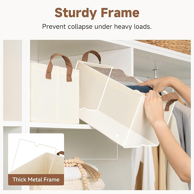 StorageWorks Storage Bins, Shelves Baskets for Organizing, Fabric Closet Organizers with Handles, Metal Frame, Beige（Texture）, 2-Pack