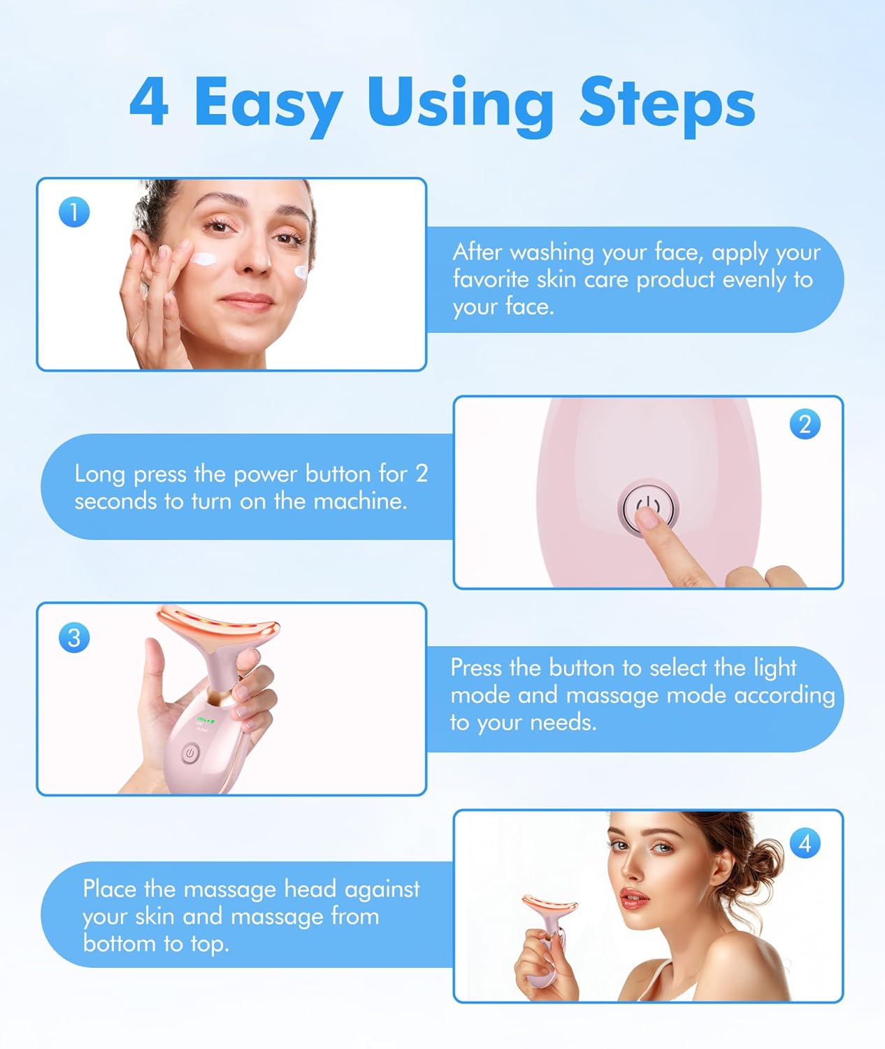 Red-Light-Therapy-for-Face-and-Neck, 7 Color Face Massager Tool for Wrinkles, Double Chin, Vibrating Facial Massager with Thermals for Skin Care, Glossy Pink